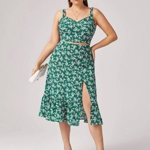 SHEIN Green Floral Cami Top and Split Hem Skirt Set 1XL
